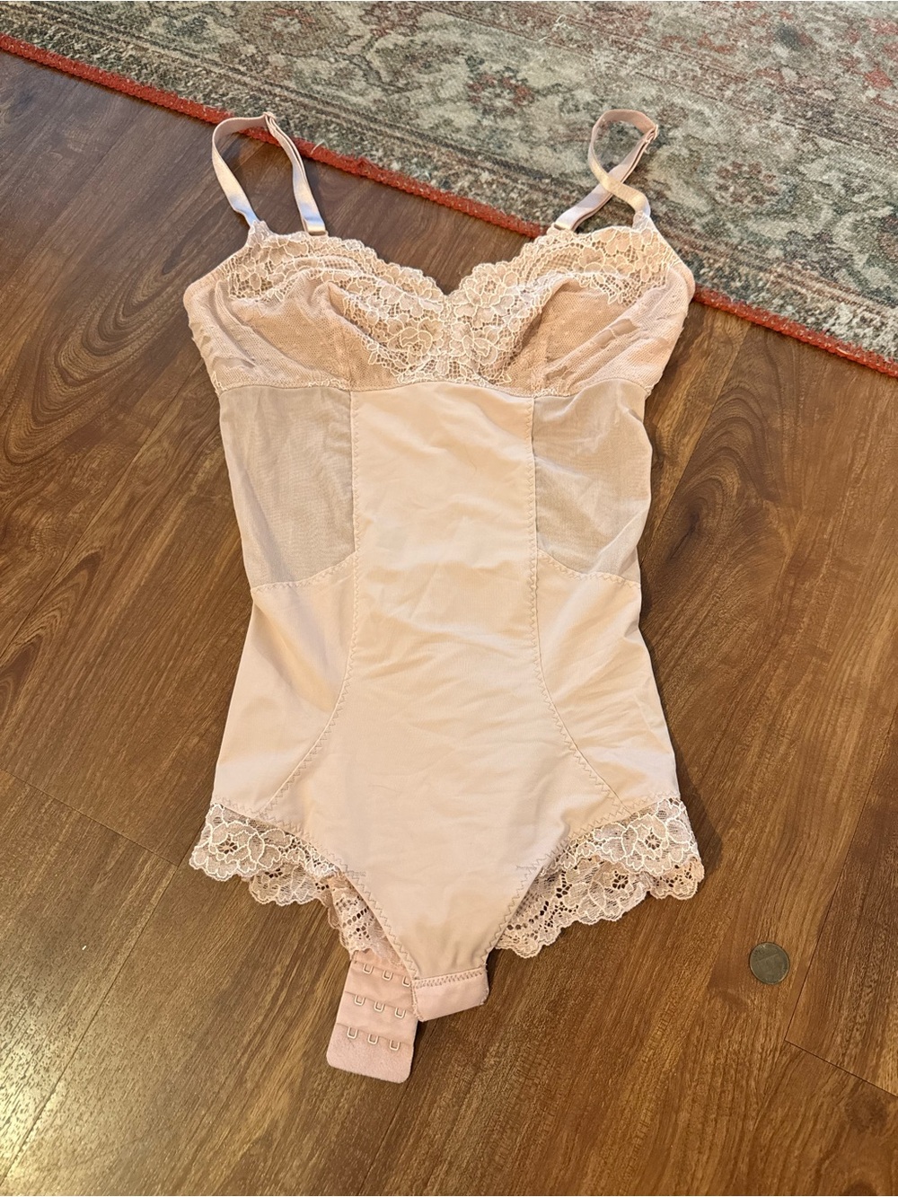 SPANX Lace-Trim Shaping Bodysuit in Blush Pink